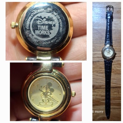 Ladies Vintage Gold Time Works Disney Mickey Mouse Quartz Watch Leather band