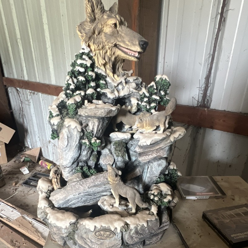 Rustic Wolf Family Outdoor Resin Rock Waterfall Fountain, Corded 36in