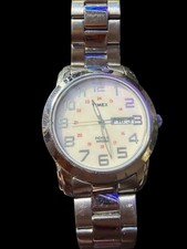 Timex Indiglo WR50M Men's Silver Tone Stainless Steel Day Date Quartz Wristwatch