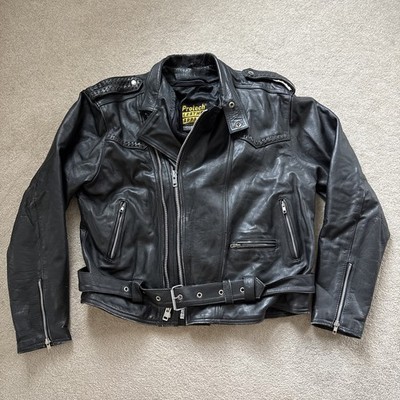 Vintage Protech Black Leather Motorcycle Biker Jacket Belted Braided Size 46