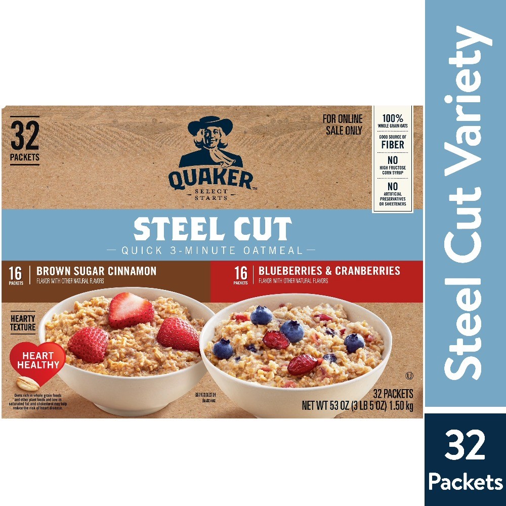 Quaker,Steel Cut Quick 3-Minute Oatmeal,Variety Pack,Stovetop Oatmeal,32 Packets