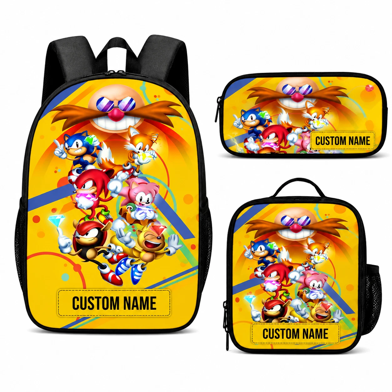 Custom Name Backpack Lunch Bag Pencil Case Set Yellow Retro Game Hero School