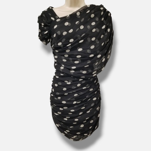 Saint Laurent Women Black Polka Dot Asymmetrical Gathered Silk Mini Dress Sz 36