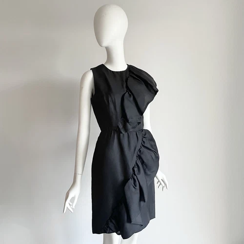 Abito corto vintage anni 80 Givenchy Demi Couture nero asimmetrico con volant