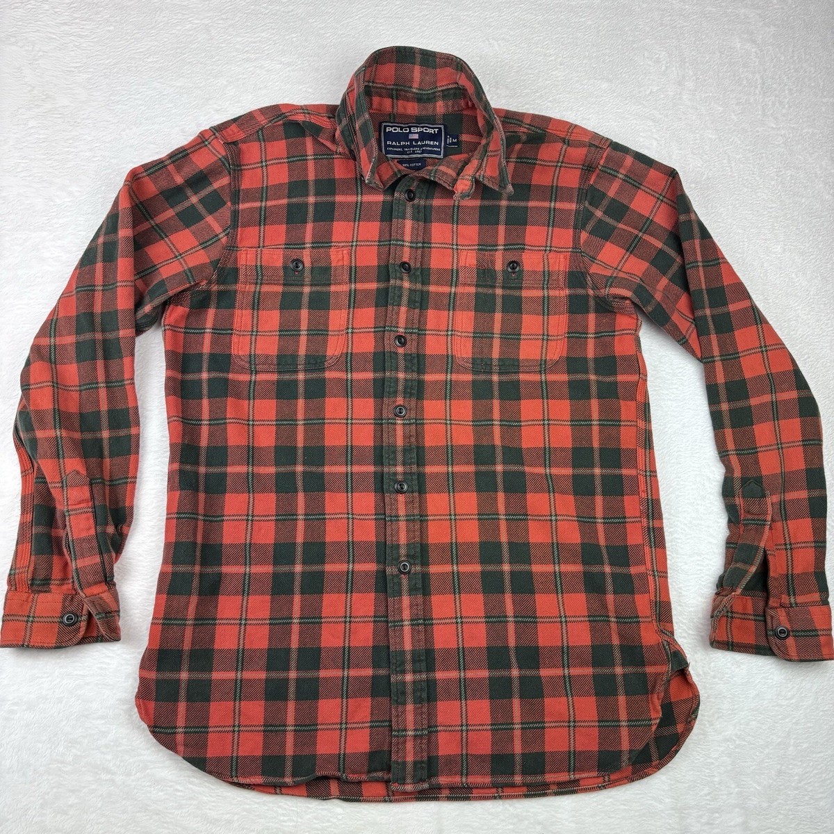 Polo Sport Shirt Mens Large Long Sleeve Plaid Pockets Button Down