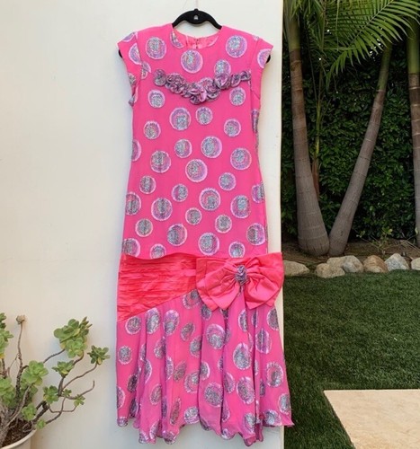 Abito midi vintage anni 80 rosa caldo e argento metallizzato glam rock M stravagante Fairycore - Foto 7 di 13