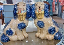 Staffordshire Reproduction Spaniel Blue Dogs with Baskets Pair Figurines-7''H