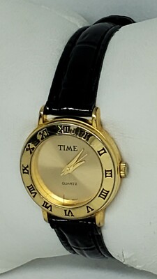 Vintage Ladies Time Dressy Gold Tone Black Leather Strap  display picture 3