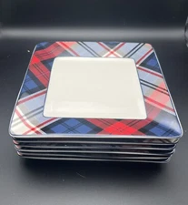 TOMMY HILFIGER Set of 6 Tartan Plaid Red Blue Ceramic Square Appetizer Plates