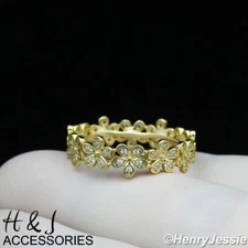 WOMEN 925 STERLING SILVER ICY CZ FLOWER GOLD PLATED ETERNITY RING SIZE 5-9*GR143