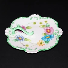 FINGER LOOP LEMON SERVING DISH Hand Painted Scalloped Rim Scrolling Pink & Green