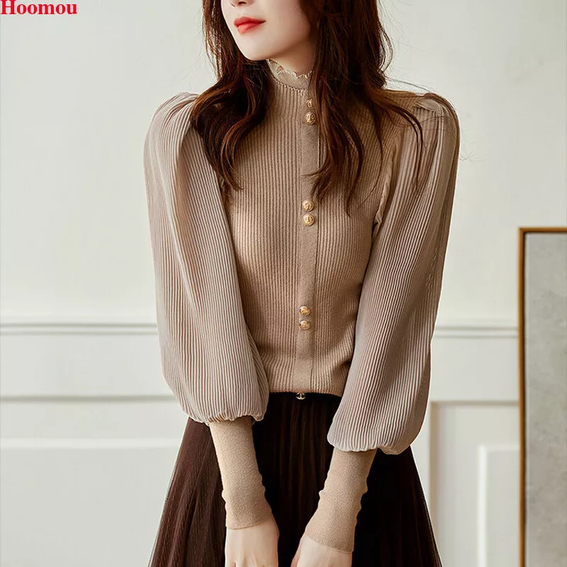 Fall Winter Korean Women Ruffle Mock Neck Puff Sleeve Knit Sweater