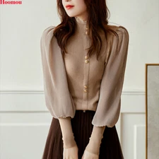 Fall Winter Korean Women Ruffle Mock Neck Puff Sleeve Knit Sweater Tops Blouse