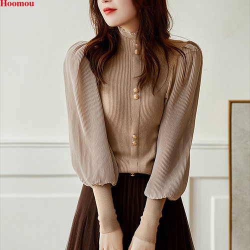 Fall Winter Korean Women Ruffle Mock Neck Puff Sleeve Knit Sweater Tops  Blouse | eBay