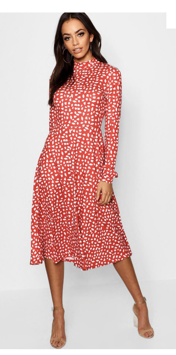 long sleeve dalmatian print dress Boohoo Orange High Neck Long Sleeve Dalmatian Print Midi Dress