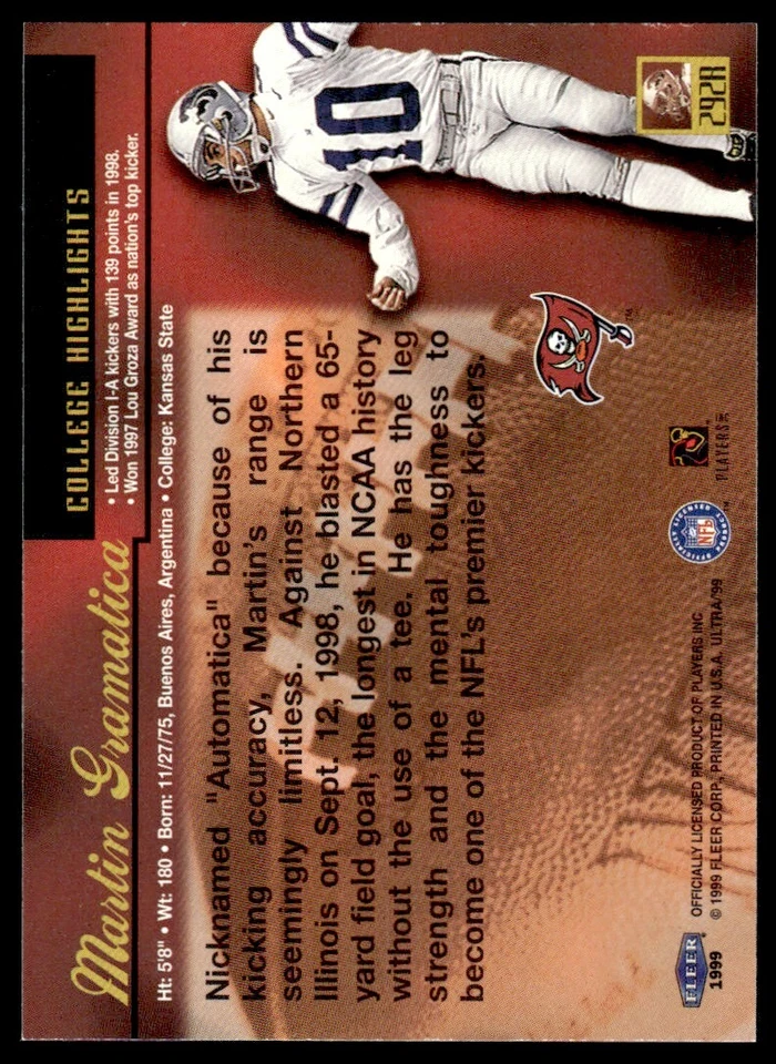 1999 FLEER ULTRA ROOKIE Martin Gramatica Rookie Tampa Bay Buccaneers #292R R180 - Image 2 of 2