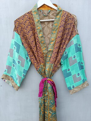 Wrap Dress Summer Sari Silk Kimono Bikini Cower Up Bathrobe House Wear, B-1929