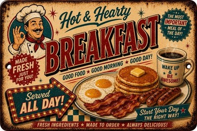 Retro Breakfast Tin Sign Pancakes Bacon Eggs Coffee Diner Kitchen Wall Decor