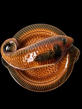 Vintage Sarreguemines Fish Service: French Faience Barbotine Plates, 1960s