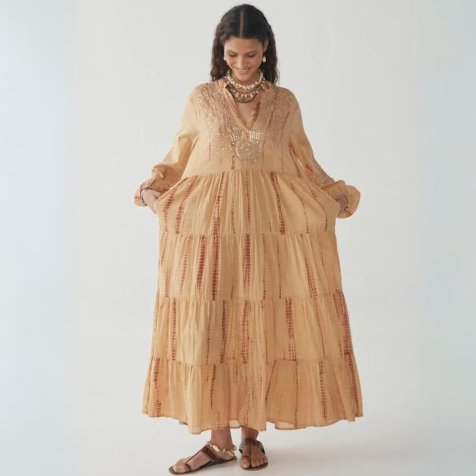 MAISON HOTEL maxi dress S tie dye yellow cotton print sequins embroidery & slip