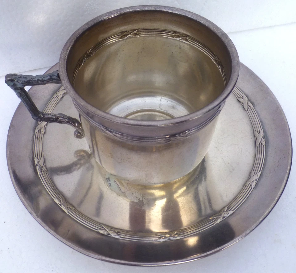 TASSE à CAFÉ Thé Métal Argenté Poinçons illisibles + SOUS TASSE - Photo 3/4