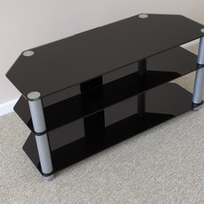 Black & Silver Glass Metal TV Stand, Freestanding Rectangular, 2 Open Shelves