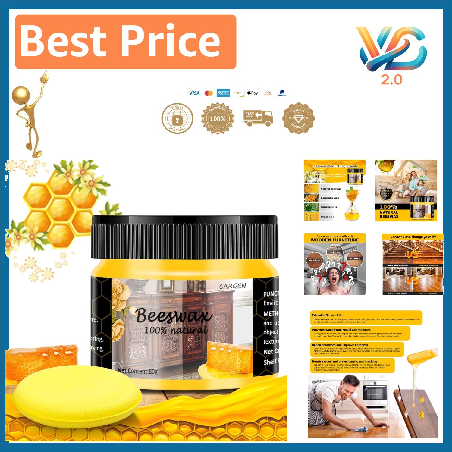 Beeswax Furniture Polish for Wood & Floors &ndash; Natural, Long
