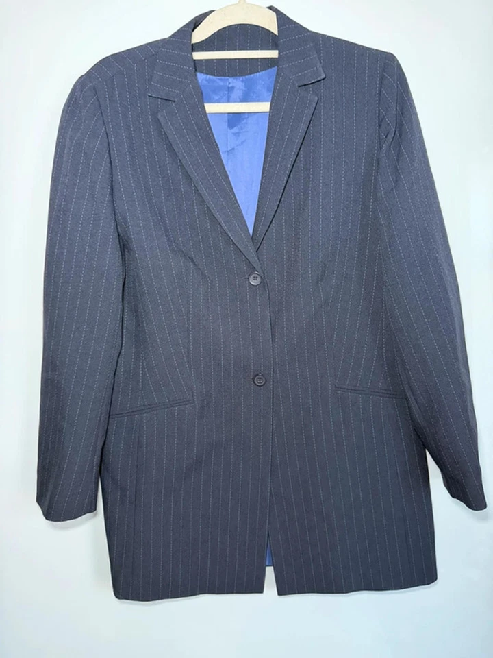 Dorothy Perkins Pinstripe Skirt Suit UK 16 Jacket 14 Skirt Navy Blue Corporate - Image 2 of 4