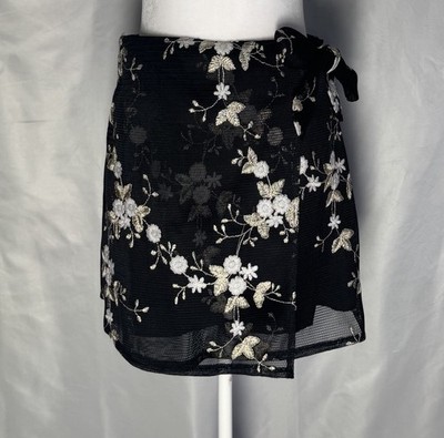     Angel Biba Embroidered Floral Mesh Wrap Skirt Women s Large Black Mini