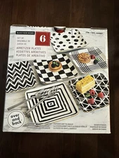 6 Appetizer Dessert Ceramic Plates by Over & Back - Black/White NIB  -7”