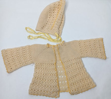 Vintage Handknit Newborn Baby Cardigan Sweater And Hat Ivory Yellow Unisex READ