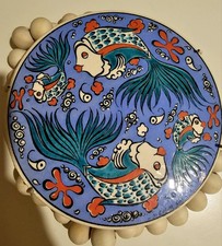 Turkish Kutahya Hand Painted Ceramic Plate - Blue Fish Design 16cm Signed Iznik