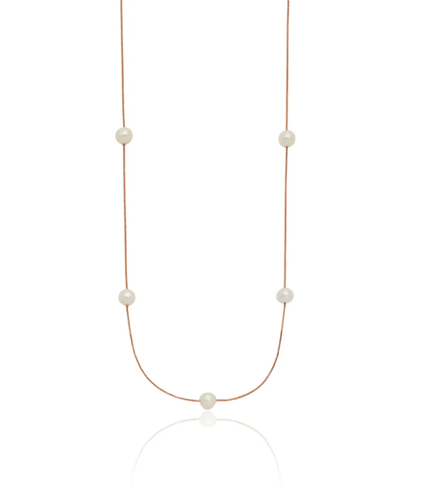 Cadena de 9 estaciones de perlas cultivadas de agua dulce redondas blancas de 5 mm de oro rosa macizo de 14K... Foto 2 de 4