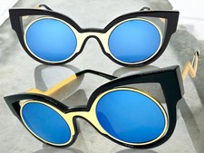 Classic Funky Vintage Retro Cat Eye Party Raver Club SUN GLASSES Round Blue Lens