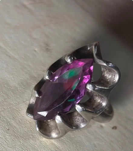 ANTIQUE 1950'S JOE ESPOSITO DECO STYLE STERLING WITH GOLD AMETHYST RING