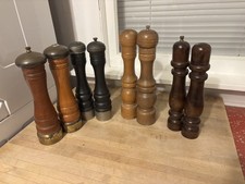 Vintage MCM Wooden Salt Shaker And Pepper Grinder Tall Wood Brass Lot of 4 sets