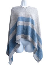 Celeste - Stripe Poncho - Grey & Blue - Wool Cashmere Blend - One Size