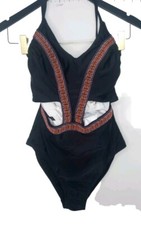One-Piece Black High-Cut Swimsuit - Multi-Color Embroidery Trim, Medium