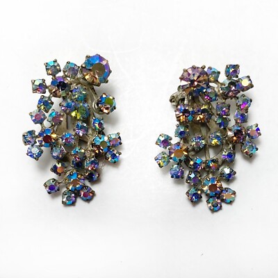 Triad Earrings Rhinestone Vintage Clip On Signed Aurora Borelius Blue Flower Vtg