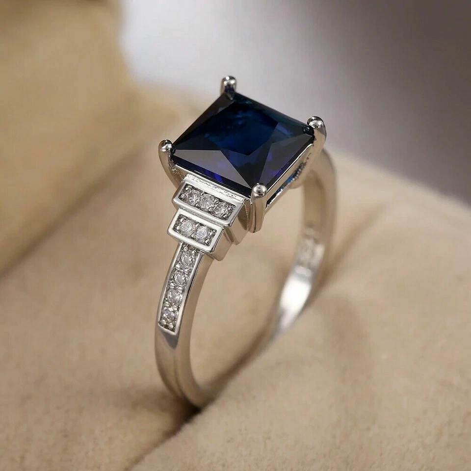 3.00Ct Princess Cut Blue Diamond Engagement Ring 14K White Gold Plated Simulated - Image 4 of 4