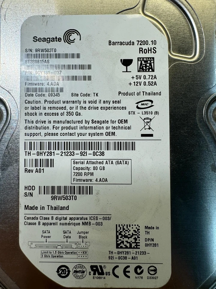 DELL HY281 ST380815AS 9CY131-037 80GB 7.2K FW 4.ADA Date code 09345 SATA 3.5" - Image 2 of 4