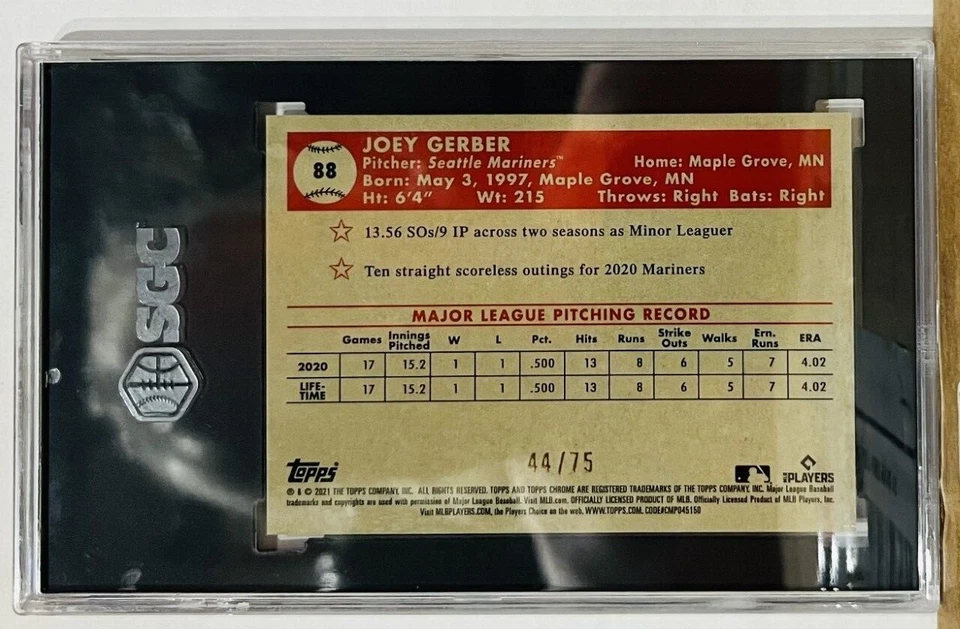 2021 Topps Chr Platinum Anniv #88 Joey Gerber Rose Gold Mini Diamond Ref SGC 10 - Image 2 of 2