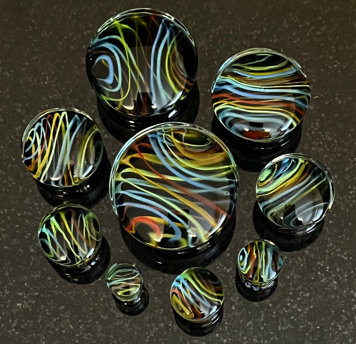 PAIR Neon Rainbow Swirls Design Pyrex Glass Plugs Gauges Body