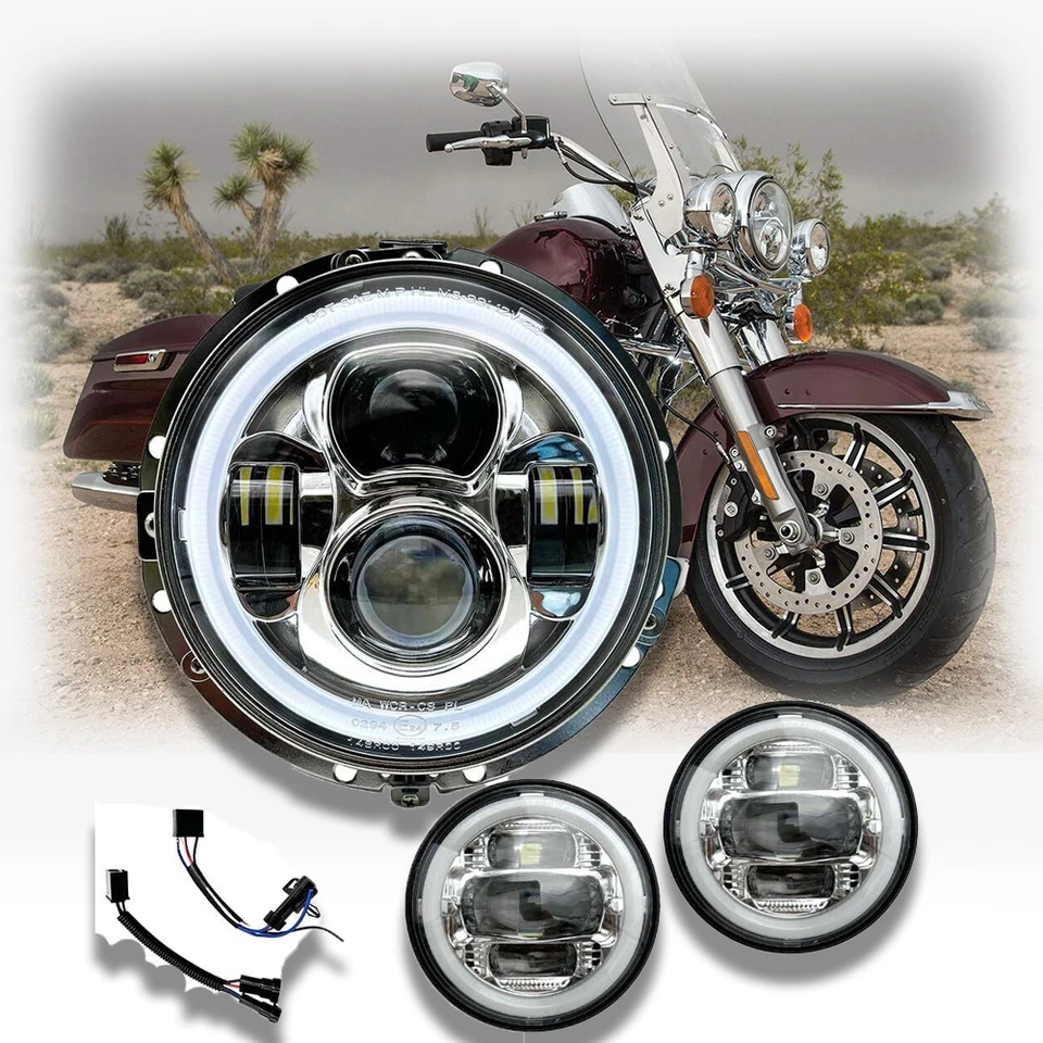 Faros LED cromados + faros antiniebla DOT para Harley-Davidson Road King Foto 2 de 4
