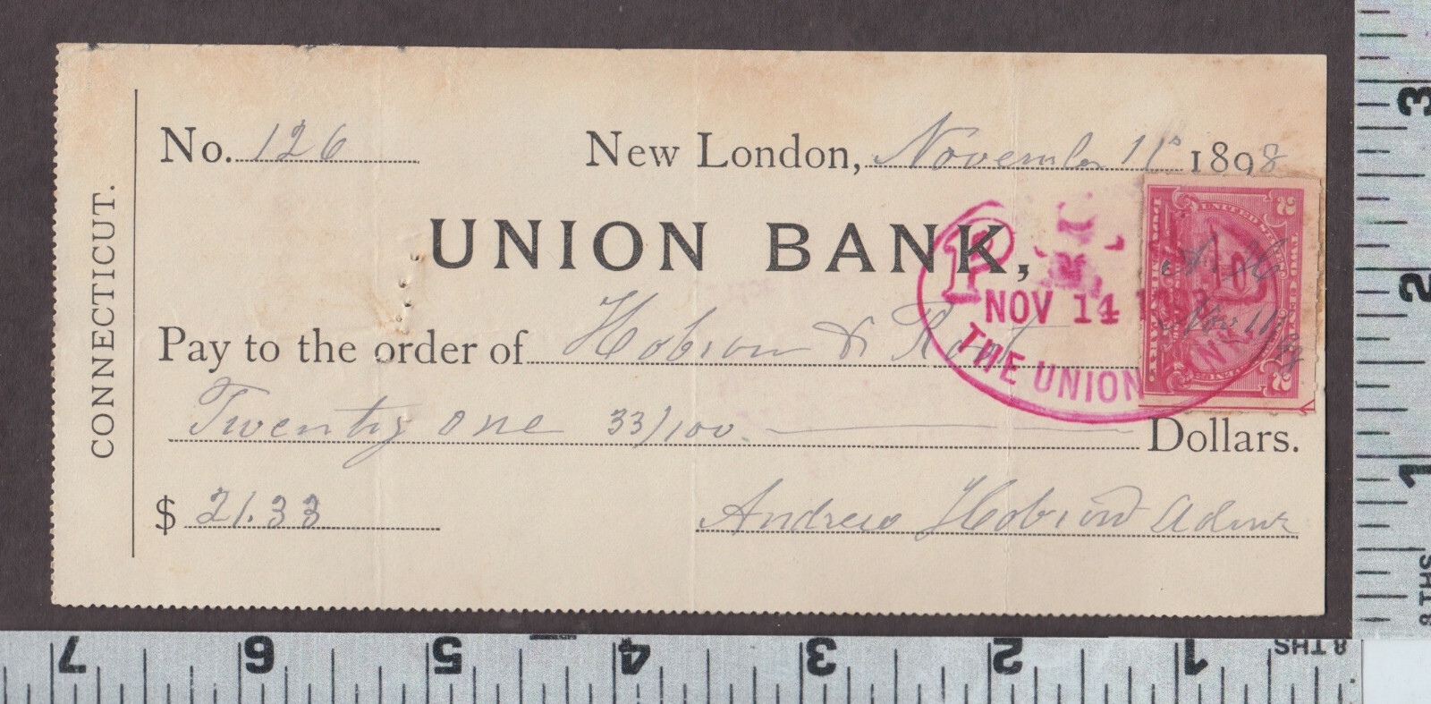 B708 Union Bank check New London, CT Andrew Hobson, B. Prest tax