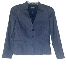 LAFAYETTE 148 Navy Blue Tweed Notch Collarless 3-Button Blazer Suit Jacket 4P SP