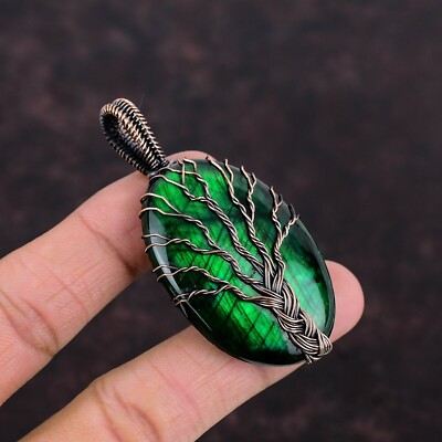 Green Fire Labradorite Copper Love Gift Wire Wrapped Tree Of Life Pendant 