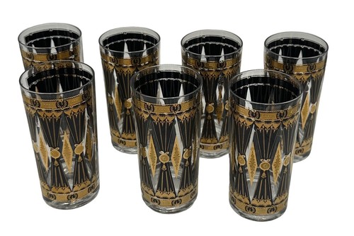 Vtg Set 7 Culver Black Gold Highball Glasses Tumbler MCM Curtain Diamond RARE - Picture 2 of 22