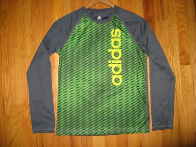 Adidas Boys Sz LARGE 14/16 Green Gray Long sleeve crew neck Soccer train Shirt