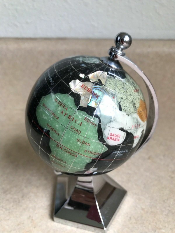 Rotating Globe 5.25” Paperweight Semi Precious Stone Inlays Silver Toned Metal